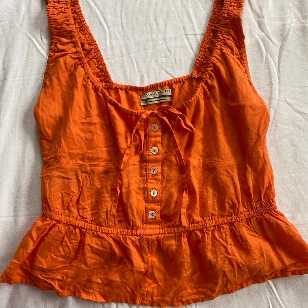Urban Outfitters Orange Ruffle Cropped tank button down with a bow. Size:S
